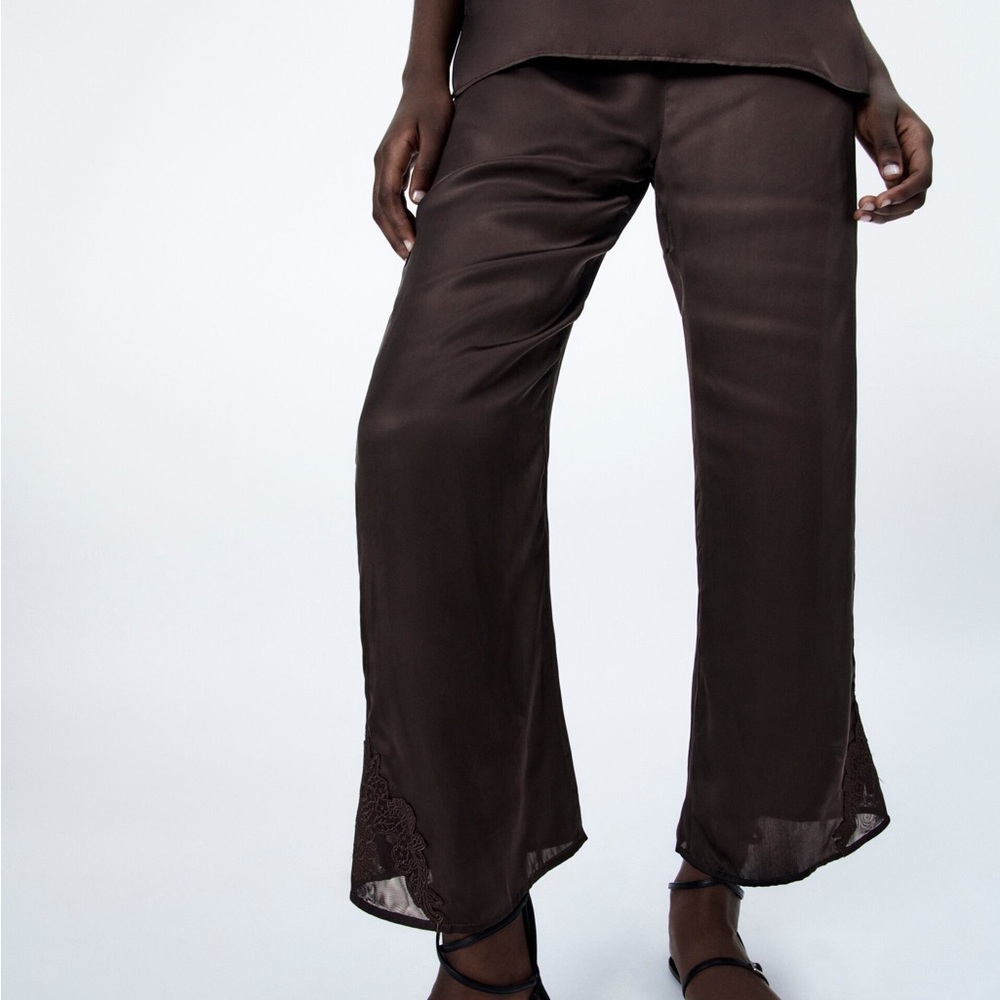Zara Limited Edition Brown Satin Lace Straight Leg High Rise Pants - Picture 5 of 10